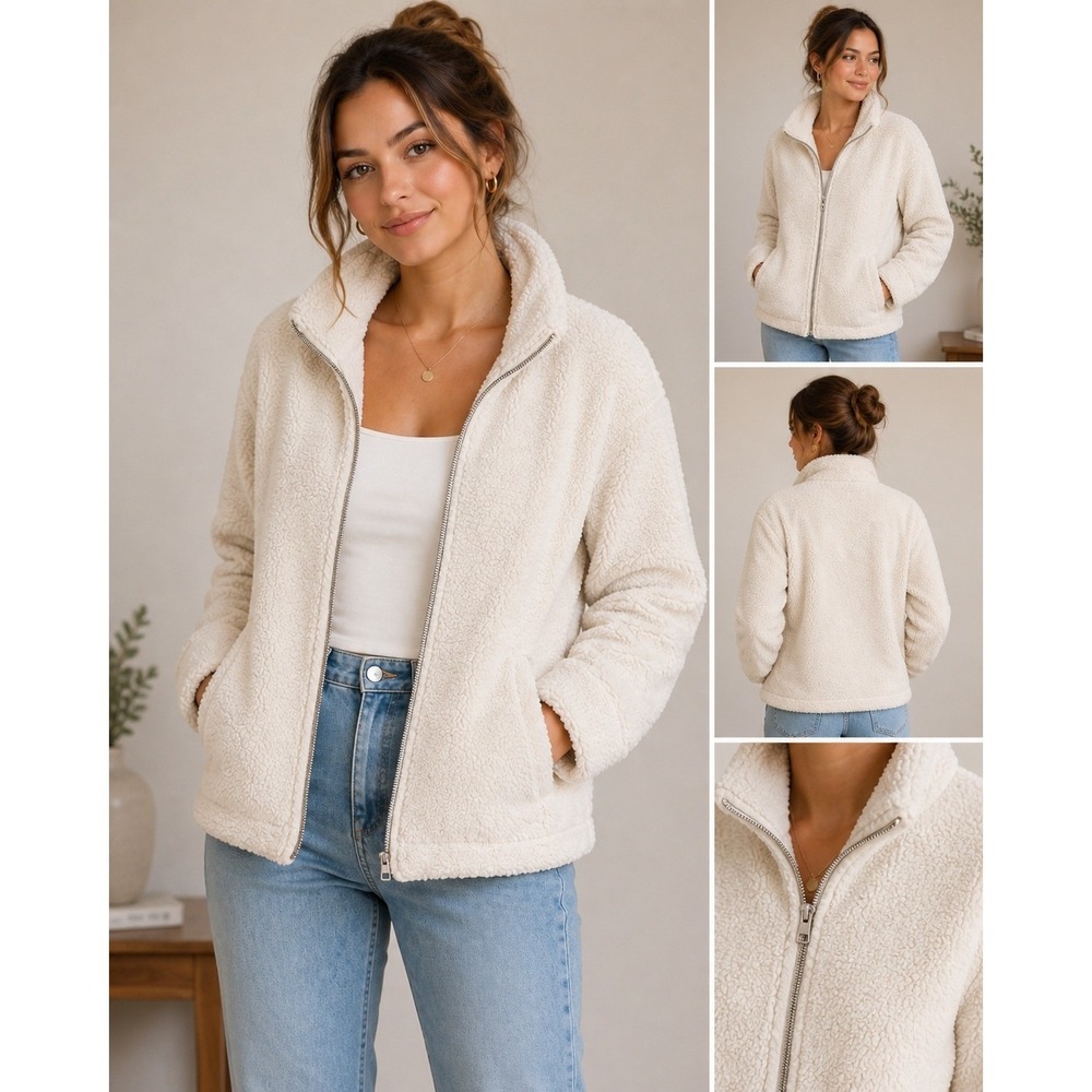 Abercrombie & Fitch Sherpa Jacket Women Large Cream Excellent Teddy Fleece Zip